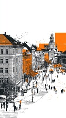Fototapeta premium Black and white line drawing of buildings in an orange, flat design, flat illustration style, poster composition of the cityscape
