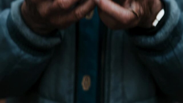 Close up of a farmer's rough hands gently holding a fresh, ripe red apple after the harvest