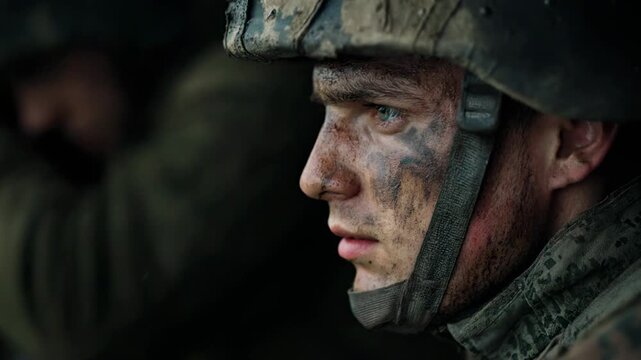 Close-up of a determined young soldier in a helmet with mud on his face in a combat zone