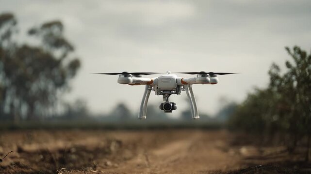 White quadcopter drone soaring low above a dry farming field, its camera capturing data for crop monitoring and precision agricultural management under a cloudy sky