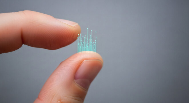 A person's fingers delicately holding a tiny, futuristic, blue, transparent, microchip or technological implant with hair-like filaments