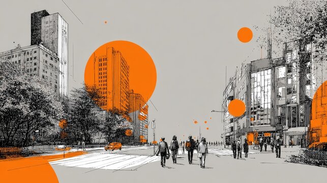 Black and white line drawing of buildings in an orange, flat design, flat illustration style, poster composition of the cityscape