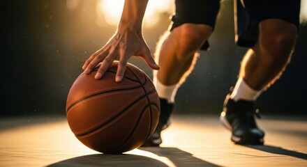 Naklejka premium Close-up of a basketball player dribbling the ball during a game at sunset