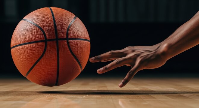 Close-up of a basketball player's hand performing a crossover dribble on a wooden court