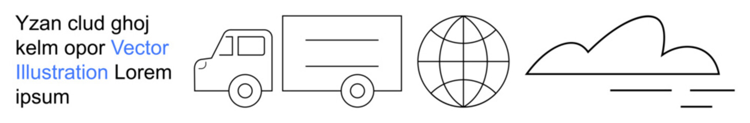 Fototapeta premium Logistics, shipping, global trade, delivery services, supply chain, digital cloud storage. Minimalist line art of a truck, globe and cloud. Logistics and shipping concept for modern trade
