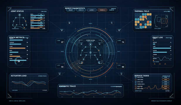 Futuristic robot diagnostics interface displaying joint status, thermal field, actuator load, kinematic trace, and various system metrics on a dark digital dashboard.