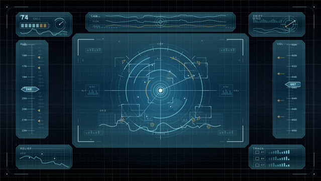 Futuristic digital interface with circular radar, graphs, and data panels on a dark grid background, resembling a high-tech control or monitoring system.