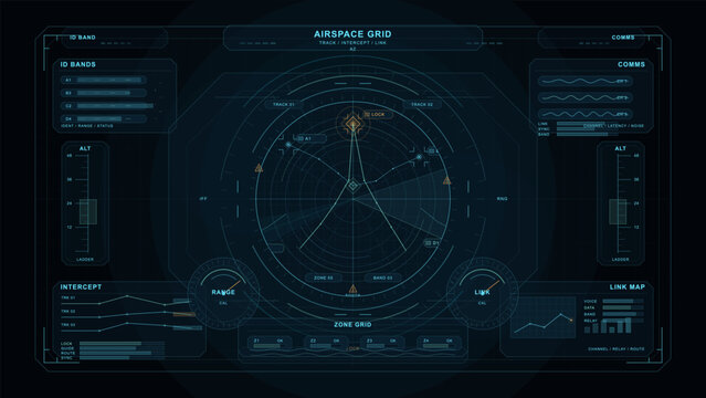 Futuristic airspace grid interface with radar tracking, communication channels, altitude indicators, and data analysis elements on a dark digital display.