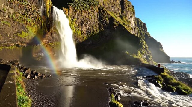 Stunning Cascata dos Anjos Angels Waterfall cascading onto the scenic coastal road of Ponta do Sol in Madeira Portugal Island featuring majestic cliffs and natural mountain spring water flow.