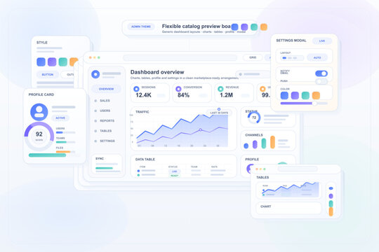 Modern dashboard user interface design with charts, tables, profile card, and settings modal in a clean, colorful layout for web or app analytics and management.