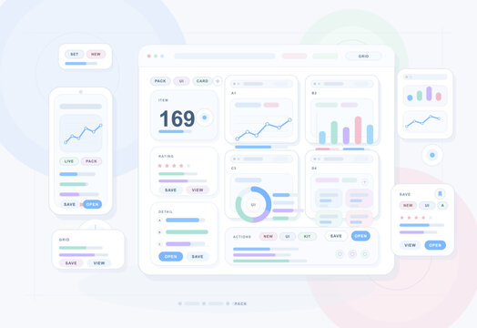 Modern pastel dashboard user interface kit with various charts, graphs, buttons, and data widgets for web and mobile applications on a light background.