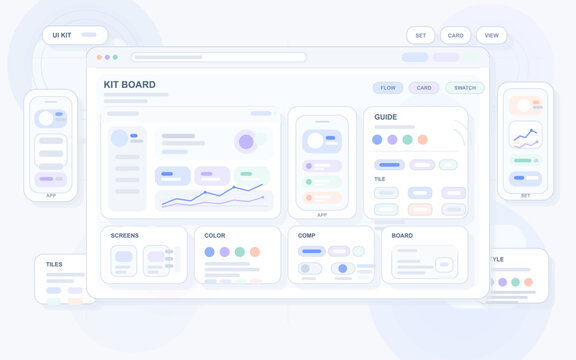 Modern flat illustration of a user interface kit board with various UI elements, charts, color swatches, and mobile app screens in a light pastel color scheme.