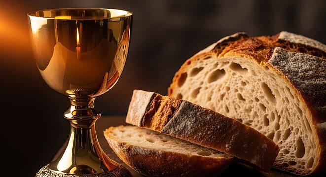 Golden chalice with communion bread on dark wooden table for religious ceremony