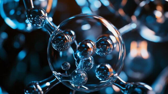 Glass molecule structure connecting multiple spheres representing concepts of scientific research, biotechnology, medicine, and chemistry for innovation and development