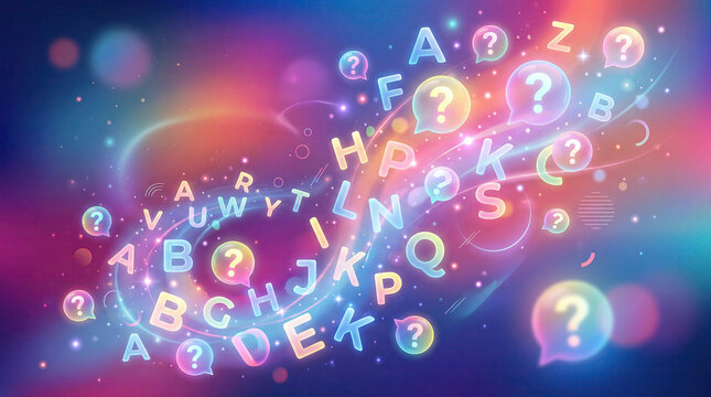 Many questions speech bubble alphabet business concept. Colorful abstract letters floating in a cosmic background.