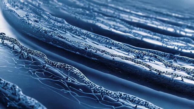 Microscopic texture creating intricate blue patterns with wave like forms and crystalline metallic segments, suggesting cellular structures or advanced materials at high magnification