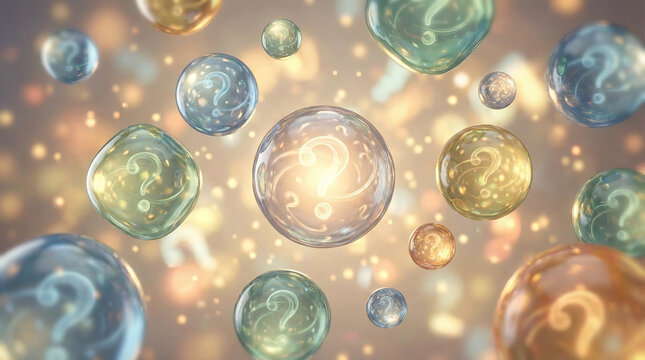 Many questions speech bubble alphabet business concept. Colorful bubbles floating in a dreamy, abstract space.