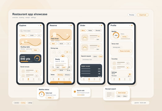 Modern restaurant app user interface showcase featuring explore, reservation, order, and profile screens with a clean, minimal beige and orange color scheme.