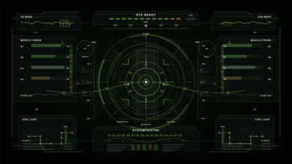 Obraz premium A digital control panel shows data and graphs. Various modules display information such as wave patterns and system status. Bright colors highlight active components on the screen.