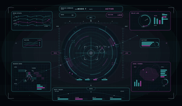 Futuristic digital dashboard interface with circular radar, data charts, and control panels in neon blue and purple, resembling a sci-fi command center display.