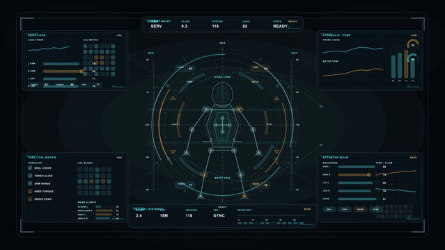 Futuristic digital dashboard interface displaying exosuit diagnostics, joint load, actuator wear, hydraulic temperature, and system readiness with data visualizations.