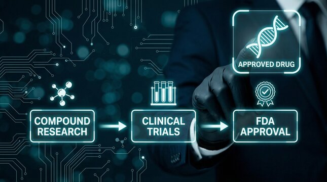 A businessman pointing to a flowchart illustrating the process of drug development from compound research to FDA approval