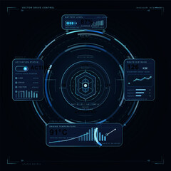 Futuristic digital dashboard interface displaying battery level, engine temperature, activation status, and route distance with blue glowing graphics on a dark background. © Антон Сальников