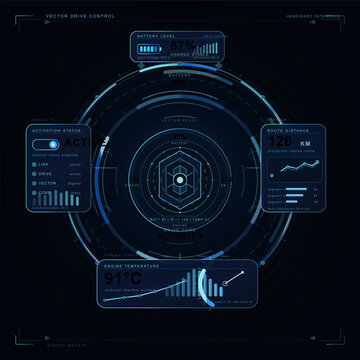 Futuristic digital dashboard interface displaying battery level, engine temperature, activation status, and route distance with blue glowing graphics on a dark background.