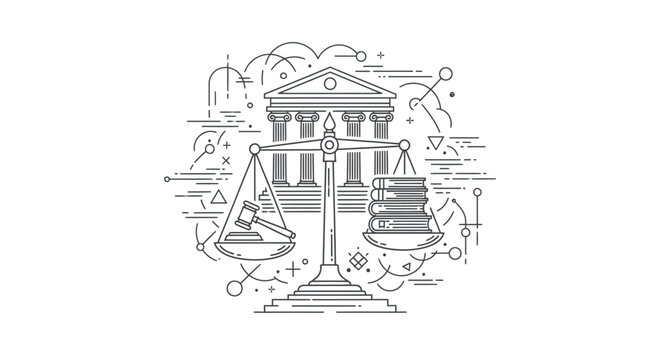 Justice concept illustration featuring scales gavel courthouse and books