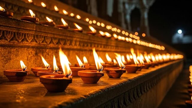 Memorial Outdoor Row of Lit Diyas Glowing at Night