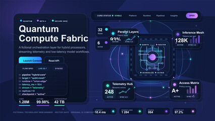 Naklejka premium Futuristic dashboard interface for a fictional quantum compute fabric, featuring data visualizations, performance metrics, and orchestration controls in a dark theme.