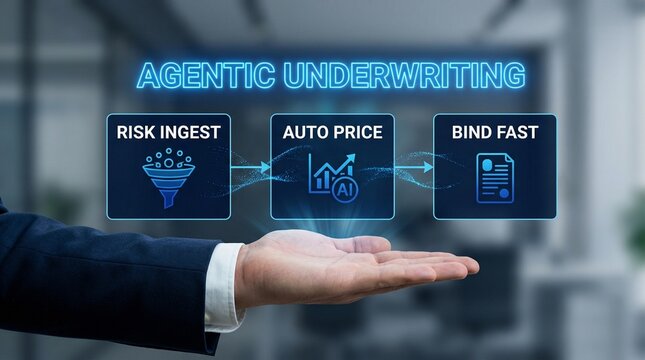 A businessman presenting agentic underwriting concepts in a modern office setting with futuristic interface