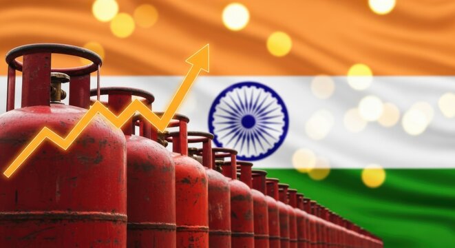 LPG cylinders India flag rising gas prices energy crisis economic growth inflation fuel cost increase market demand supply chain business finance