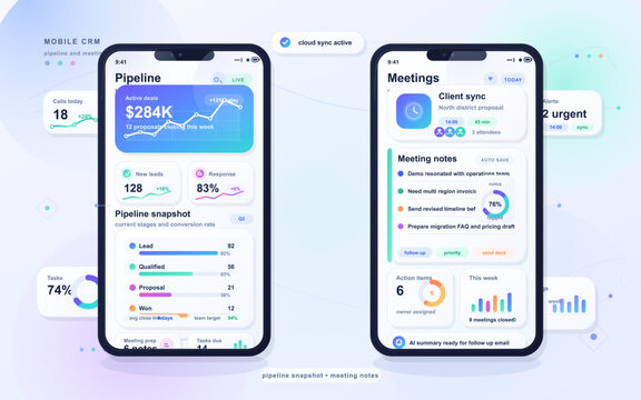 Modern mobile CRM dashboard interface showing pipeline analytics, meeting notes, action items, and sales performance metrics on two smartphone screens.