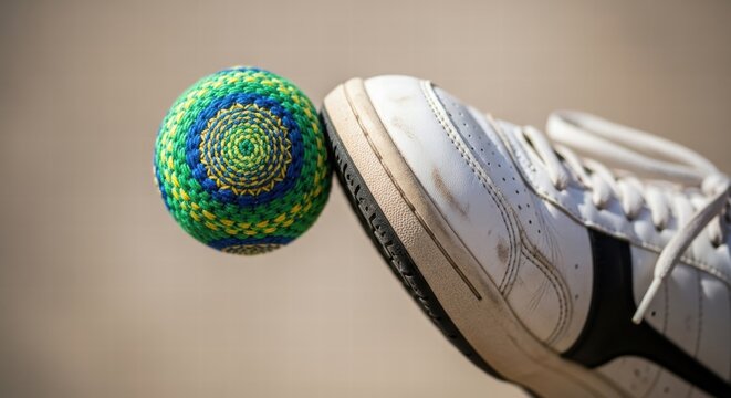 Close-up of a hacky sack being kicked by a white sneaker