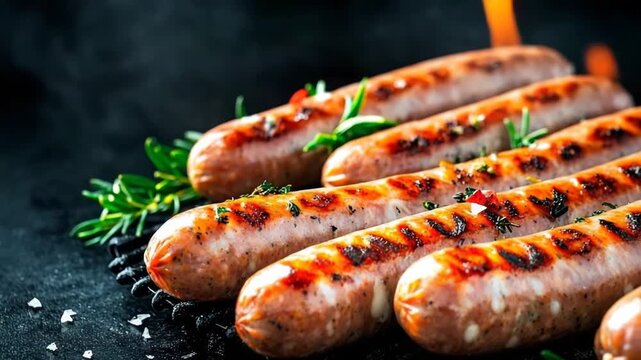 Grilled bratwurst sizzling on the barbecue during a festive celebration of Oktoberfest in Germany