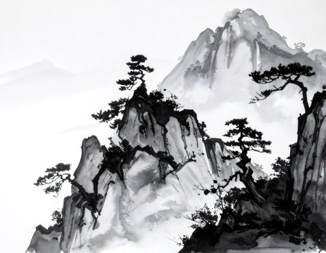 Asian sumi e ink wash painting mountains nature