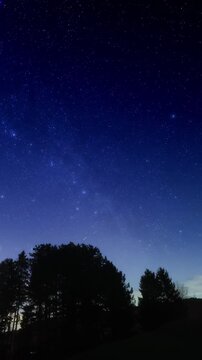 Constellations, zodiacal light and Milky Way star-trails on a dark countryside skies. Time-lapse video.