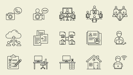 Fototapeta premium Set of 15 line icons representing modern communication, business and remote work.