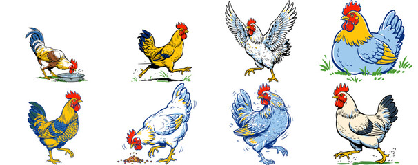 Set of Cartoon Rooster and Hen Illustrations on White Background © codeblend