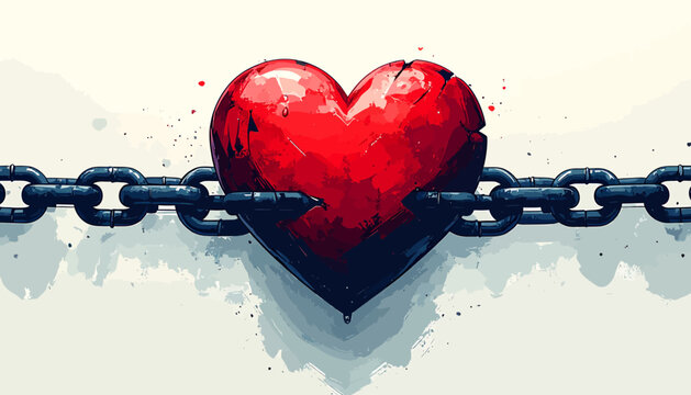 A broken heart is shackled by heavy chains, symbolizing emotional distress and a difficult, challenging situation or relationship