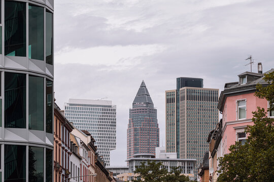 Street level view through Frankfurt Germany Bankenviertel toward skyline where urban office skyscraper architecture defines the city business district