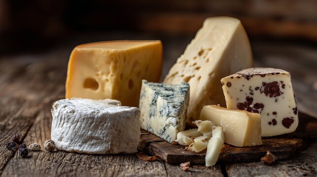 Various cheeses lay on a wooden surface.