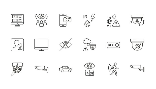 Remote access, Alert, Surveillance monitoring line icon set, ctv, dome, detection
