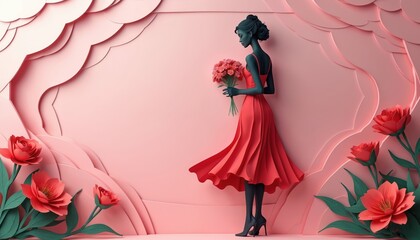 Fototapeta premium Woman in red dress holding flowers. Paper art style illustration features elegant silhouette, roses, soft pink backdrop. Feminine beauty theme for decor, fashion, or celebration.