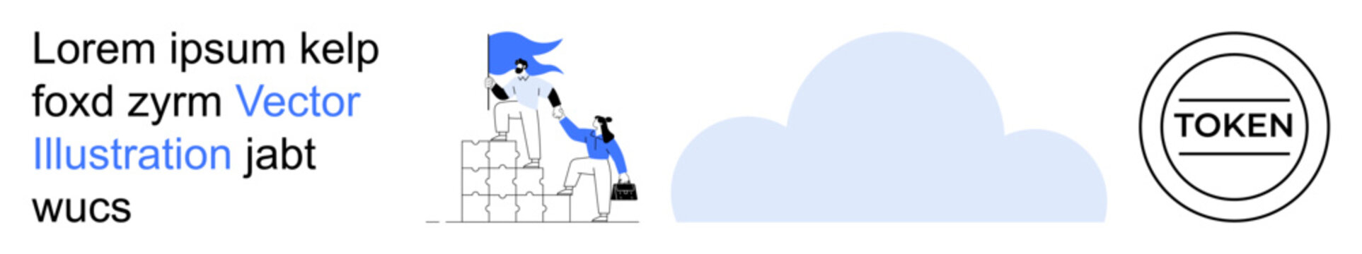 Digital technology, cloud storage, blockchain, data management, online collaboration, information security. Person stacking boxes with a cloud and blockchain token symbol. Cloud storage