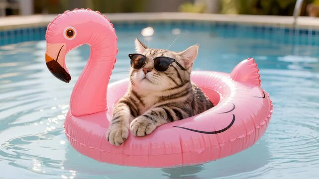 Tabby cat in sunglasses lounges on inflatable flamingo ring in a pool, creating a humorous summer scene that represents relaxation, leisure and playful vacation mood.