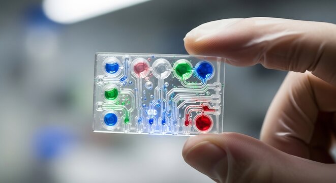 Close-up of a microfluidic chip with colorful liquids in a laboratory setting.