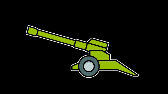4K seamless looping animation of green artillery with long barrel moving up and down on transparent alpha channel, perfect for military defense, howitzer weapon, and anti-jet combat concepts