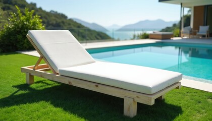 Fototapeta premium White chaise lounge rests on rich green grass beside a bright blue swimming pool. Mountains and water form a scenic backdrop. Furniture waits for relaxation near resort.